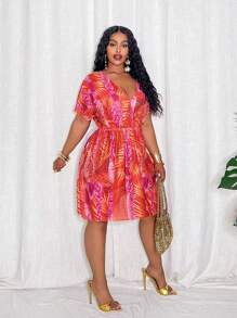 Slaydiva 1 pieza Vestido de playa de talla grande con estampado tropical para mujer - Multicolor - Ver 5