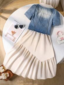 Tween-Mädchen 2-teiliges Set mit kontrastfarbenem Kragen, Puffärmeln, Jeansjacke und Camisole-Kleid mit Schleife - Aprikosenfarben - Übersicht 8