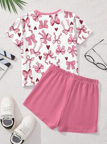 SHEIN Leap Crew Cute Pink Heart & Bow Print Graphic Tween Girls 2pcs Set: Short Sleeve T-Shirt & Shorts, Casual Minimalist Style Suitable For Summer