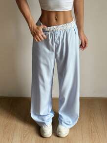Flirla Women's Striped Waistband & Ditsy Ditsy Floral Casual Loose Straight Leg Pants, Versatile For Daily Wear & Commute, Summer - Blue and White - View 1