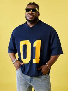 EASEVO 大码男士休闲字母图案印花宽松 V 领短袖针织 T 恤，适合夏季运动、外出 - 藍色 - 查看 4