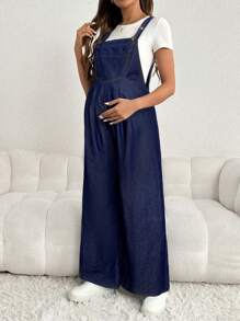 SHEIN 可调节肩带孕妇牛仔背带裤，休闲宽松阔腿长裤，蓝色