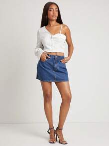 SHEIN Unity 裙子牛仔蝴蝶结牛仔迷你派对早午餐优雅辣妹俱乐部外出性感演唱会全国巡演音乐节夏季女士服装 - 淺色水洗藍 - 查看 3