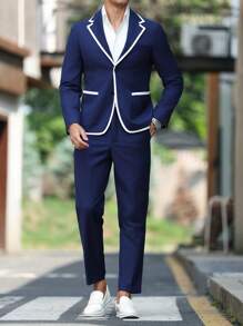 Manfinity Mode Herren Anzugjacke in Indigo-Blau mit Farbblockdesign und Paspeln, Zweireihig, und passende Hose für festliche Anlässe - marineblau - Übersicht 3