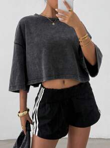 SHEIN EZwear 女式复古纯色落肩短款T恤，休闲夏日