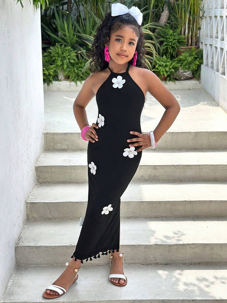 SHEIN Vestido de vacaciones elegante con escote halter, ajustado y con estampado floral para niña preadolescente