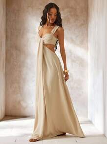 Hauture Váy suông không tay thắt nút rỗng màu trơn đơn sắc đi nghỉ thường ngày, mùa hè - Màu be - Xem 4