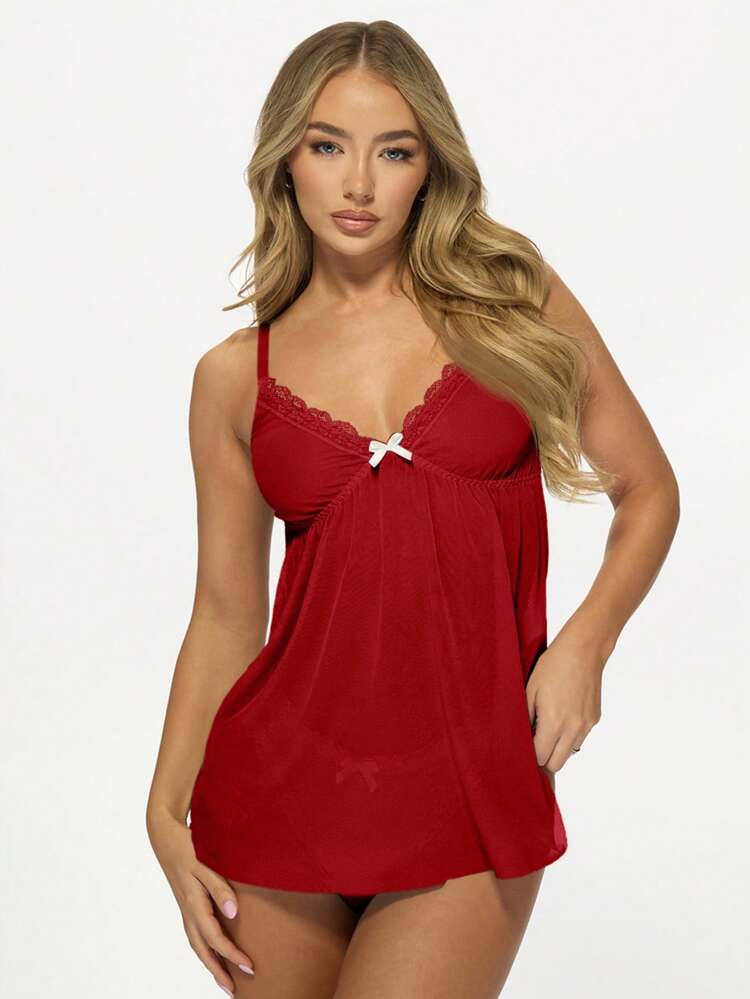 MISSGUIDED Babydoll Lingerie Nightwear Sleepwear Set With Lace Trim Detailing And Bow Mesh Cami Top Pajama Set With Thong