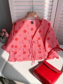 Comfortcana Camicia da donna con colletto a farfalla ricamato a fiori in maglia a quadri rossi, adatta per i primi mesi d'autunno, taglie comode