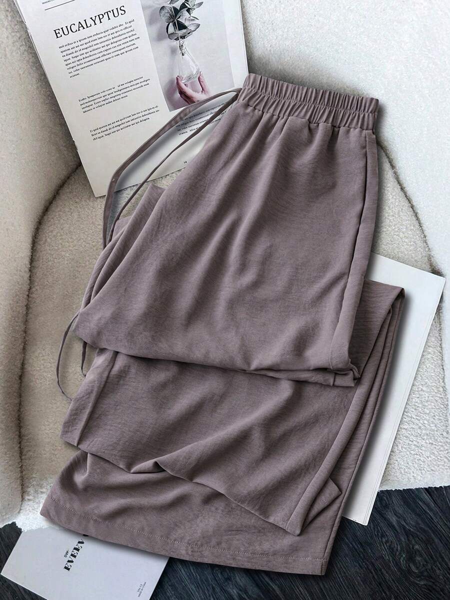 SHEIN LUNE Plus Size Women Elastic Waistband Loose Fitting Wide Leg Pants, Comfortable Casual - Mauve Purple - View 1
