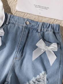 SHEIN Set de 2 piezas para niñas preadolescentes con camiseta de manga corta blanca con decoración de lazo y pantalones cortos de mezclilla azul lavada, nuevo lanzamiento de verano - Multicolor - Ver 7