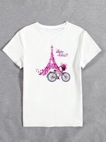 INAWLY Flower, Eiffel Tower, And Bicycle Printed Women's Casual Round Neck Short Sleeve T-Shirt Graphic Tees Women Tops