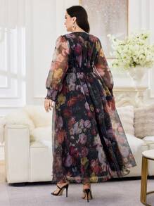 Modelyn Abito elegante taglia curvy con stampa floreale, scollo a V e maniche a lanterna