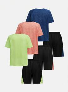 SHEIN Leap Crew 6pcs Tween Boys' Casual Sports Print Stretchy Crew Neck Short Sleeve T-Shirt And Shorts Set, Professional Sportswear, Multi-Pack, Suitable For Commute, School, Daily Wear, Sports, Spring/Summer, Fitness, Outdoor Activities - Multicolor - View 3
