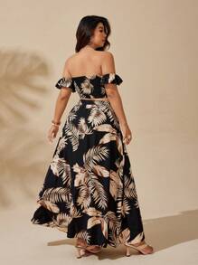 Sunserae 1 Set Plus Size Women Bandeau Elastic Waist Ruffle Top+Slit Maxi Skirt, Summer Tropical Floral Print Boho Beach Holiday Outfit, Black Style - Black - View 2