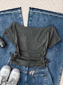 SHEIN 少女街头休闲百搭运动时尚夏季灰色短款肩部字母图案 T 恤，返校季