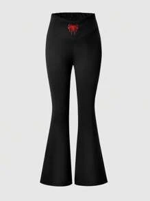 SHEIN Explorewe Teen Girl Black Flared Pants With Print - Black - View 1