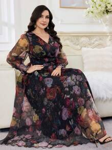 Modelyn Abito elegante taglia curvy con stampa floreale, scollo a V e maniche a lanterna