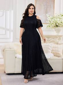 Modelyn Đầm ren trễ vai tay ngắn thanh lịch cho nữ cỡ lớn - màu đen - Xem 3