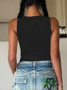 SHEIN Top ajustado de tirantes con cuello redondo y estampado de flor de hibisco, casual y sencillo, para mujeres - Multicolor - Ver 2