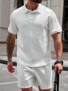 Manfinity Homme Conjunto de camisa polo casual e shorts masculino plus size de cor sólida - Branco - Ver 6