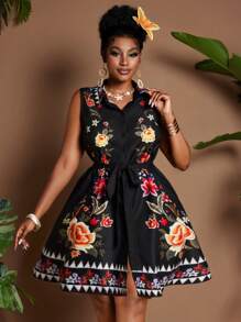 Maweii Vestito mini casual bohémien da donna taglie forti, con stampa floreale, colletto camicia, senza maniche, con cintura e fiocco, versatile per spiaggia e vacanze primaverili/estive - nero - Visualizzare 4