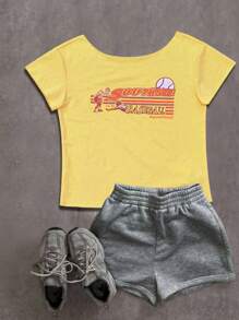 SHEIN Plus Size Women Summer Letter Print Asymmetrical Collar Short Sleeve Casual T-Shirt