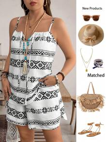 EMERY ROSE Boho-Stil Urlaubsgarderobe Weste und Shorts 2 Stücke Set, Strandoutfit in Große Größen