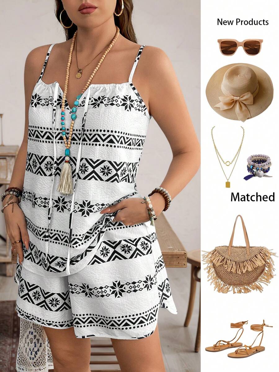 EMERY ROSE Boho-Stil Urlaubsgarderobe Weste und Shorts 2 Stücke Set, Strandoutfit in Große Größen