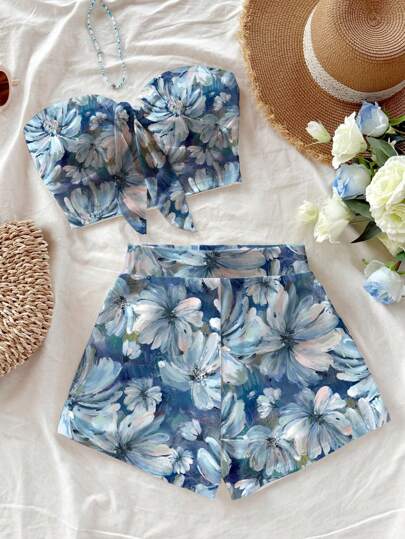 Soleia 2pcs Women Floral Print Twist Front Bandeau Top And Shorts Suit For Holiday Suitable For Going Out