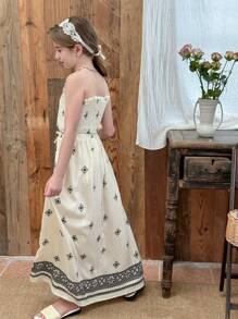 SHEIN LMoss Kids 2pcs Tween Girls Set - Woven Plain & Ditsy Floral Ruched Camisole And Loose Casual Skirt - Multicolor - View 4