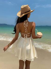 SHEIN EZwear Women Beach Apricot Satin Halter Backless Tie-Up Dress - Apricot - View 1