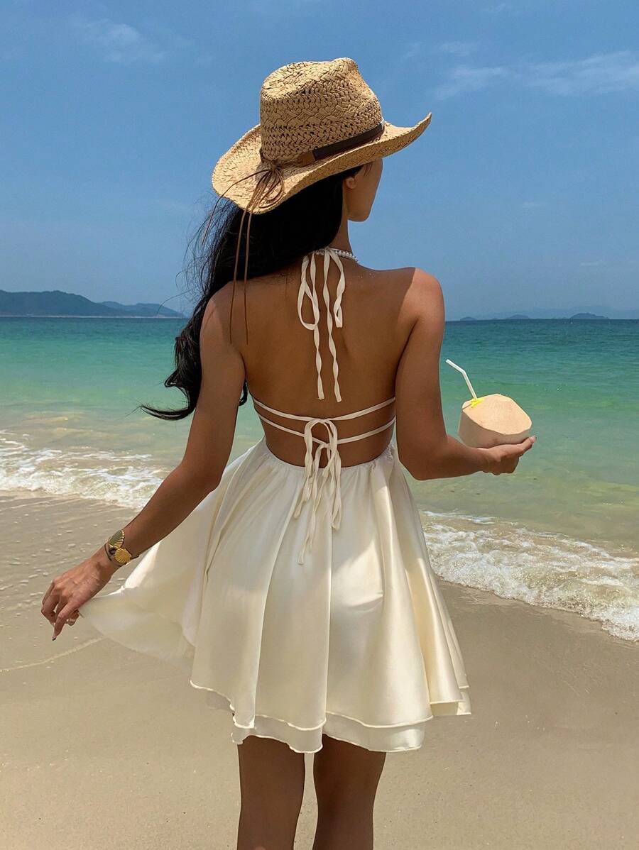 SHEIN EZwear Women Beach Apricot Satin Halter Backless Tie-Up Dress - Apricot - View 1