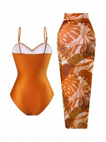Swim Oasis 2 piezas Nuevo traje de baño de una pieza de mujer para el verano y la playa, de alta gama, con textura de unicolor, tirantes de espagueti, parches, accesorio hueco de metal y falda de malla con estampado digital tropical