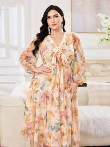 Modelyn Robe longue à manches longues et imprimé floral avec torsade à l'avant pour grandes tailles
