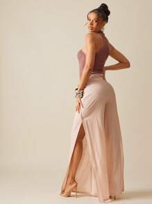 Hauture Summer Vacation Knitted Mock Neck Bandeau Bodysuit - Red - View 5