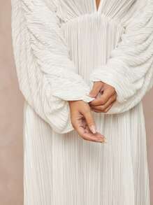 Lumalex 1 pieza Vestido largo de mujer con cuello en V profundo, mangas anchas plisadas, falso diseño de 2 piezas, volantes en el bajo y silueta ceñida