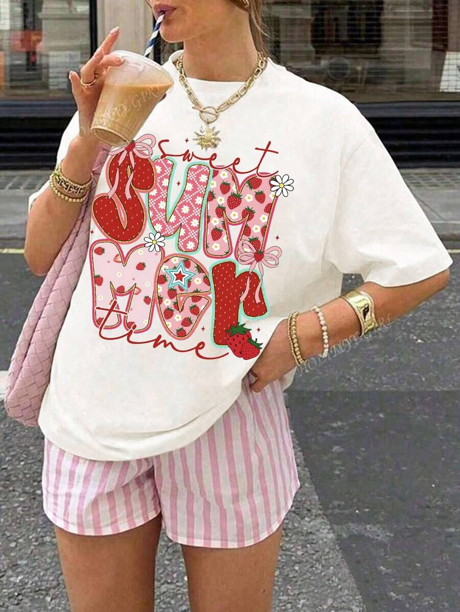 INAWLY Women's Summer Cute Letter Print Round Neck Short Sleeve T-Shirt, Summer Strawberry Fruit Pattern Top