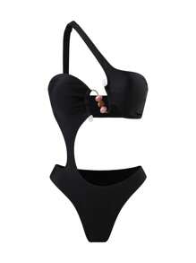 SHEIN 2 Stück/Set Damen Neuer Sexy asymmetrischer Ausschnitt Cut Out einfarbiger Badeanzug und lange verdrehte Netz Spaltrock Strandüberwurf Sexy Set für Sommer Strandurlaub - Schwarz - Übersicht 4