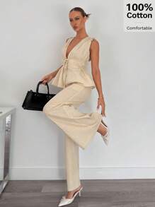 Siren Gaze 100%Cotton Women's High-Waist Drawstring Adjustable Ruched Shirt And Pants Set, Ladies 2 Pieces Outfit, Linen Clothing,Summer Outfits For Women,Vacation Outfits Woman,Business Casual Woman,Linen Suits,Butter Yellow - Apricot - View 2