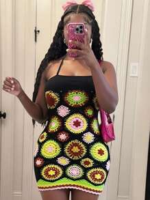 Slaydiva Women's Black Summer Boho Vacation Mesh Crochet Colorful Flowers Contrast Printing Halter Strap Backless Mini Dress 2025 New Style Sweater Dress - Multicolor - View 7