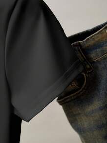 INAWLY 人造珍珠心形图案休闲圆领短袖T恤，夏季百搭 - 黑色 - 查看 4