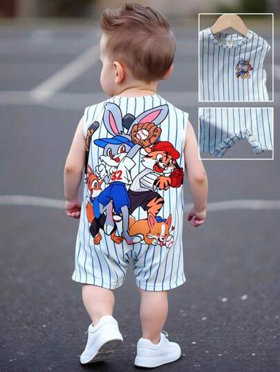 TaviRue Newborn Baby Boy Cute Cartoon Pattern Striped Short Sleeve Romper For Summer Baby Boy Cartoon Clothes