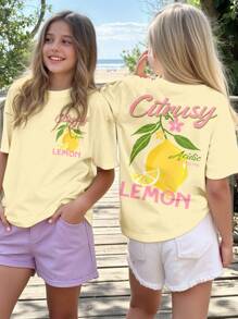 SHEIN Leap Crew Tween Mädchen-Kuschel-Sommer-Muster mit Zitronenbaum & Blumen Vintage-Muster, Tween Mädchen-Lässig-Grafik-Loose-Raglan-Kurzarm-T-Shirt, geeignet für den Sommer, Tween Mädchen-Grafik-T-Shirts