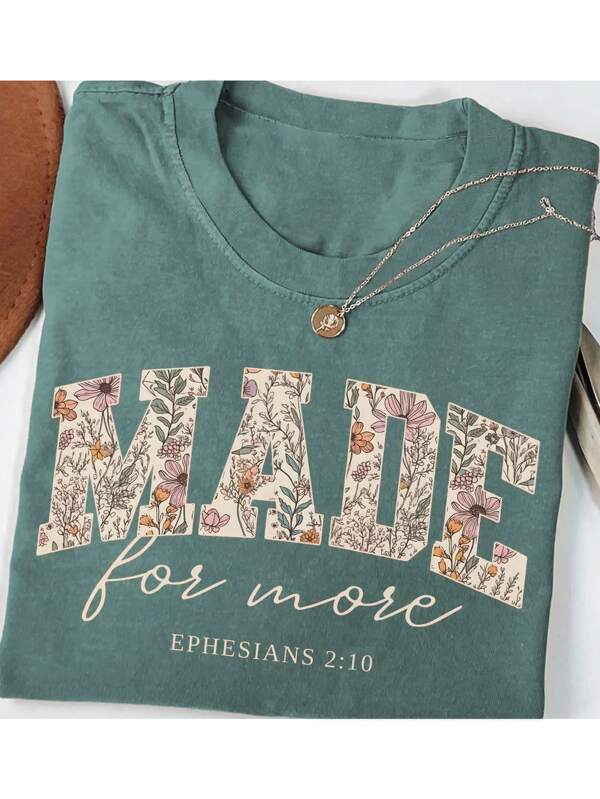Women's Letter & Floral Print Casual Round Neck Short Sleeve T-Shirt, Summer