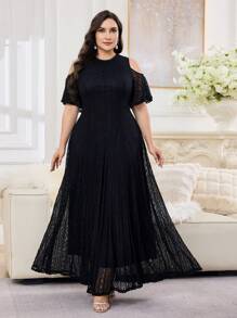 Modelyn Đầm ren trễ vai tay ngắn thanh lịch cho nữ cỡ lớn - màu đen - Xem 4