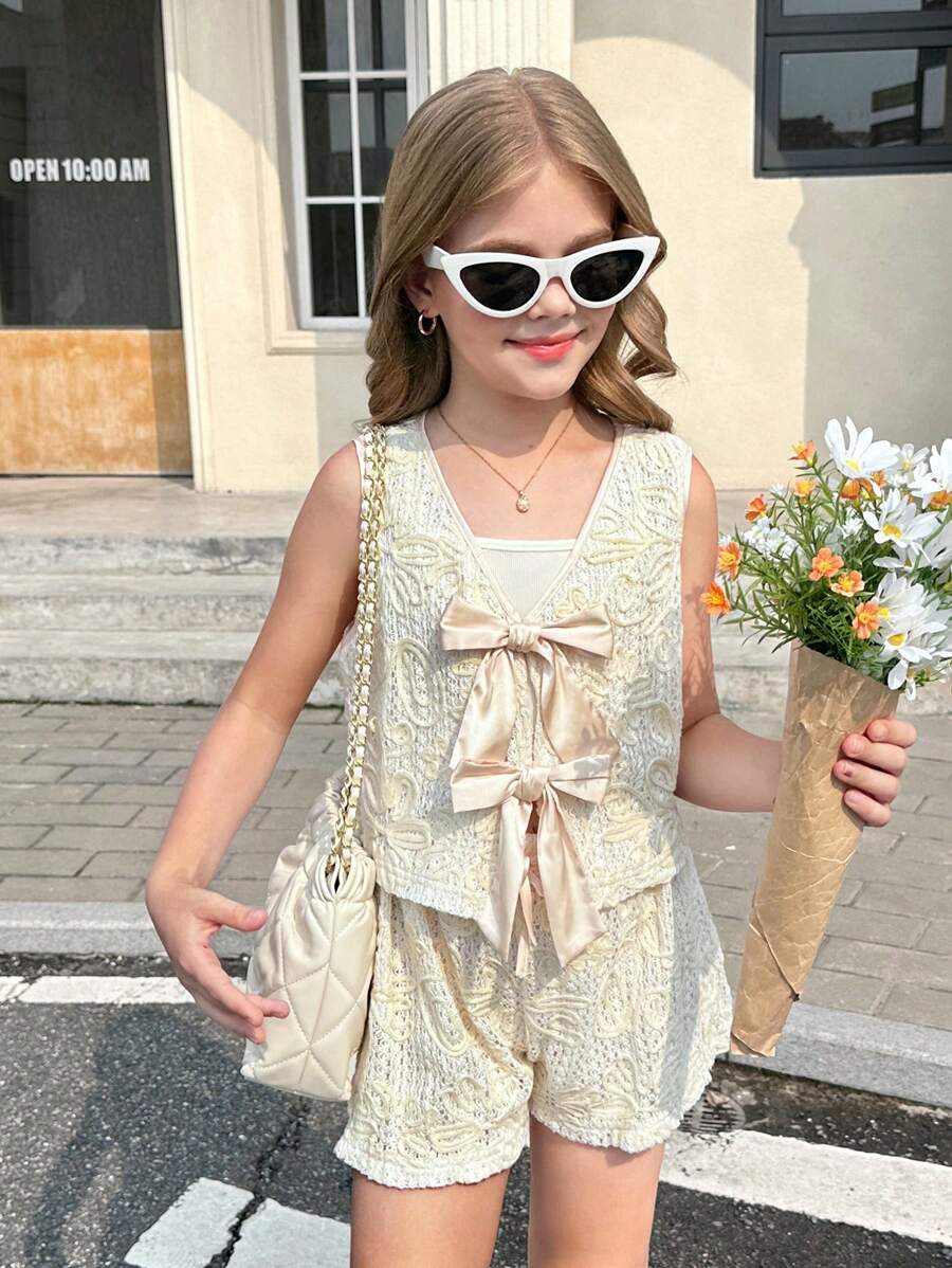 青少年女孩优雅提花蝴蝶结蕾丝无袖开衫和短裤两件套 - 杏色 - 查看 1