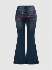ROMWE Grunge Punk Plus Size Women Y2K Vintage Style Skull & Heart Graphic Embroidered Letter Elastic Flare Leg Jeans, Summer - Blue - View 5