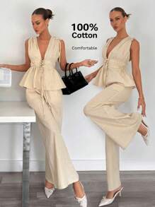 Siren Gaze 100%Cotton Women's High-Waist Drawstring Adjustable Ruched Shirt And Pants Set, Ladies 2 Pieces Outfit, Linen Clothing,Summer Outfits For Women,Vacation Outfits Woman,Business Casual Woman,Linen Suits,Butter Yellow - Apricot - View 7