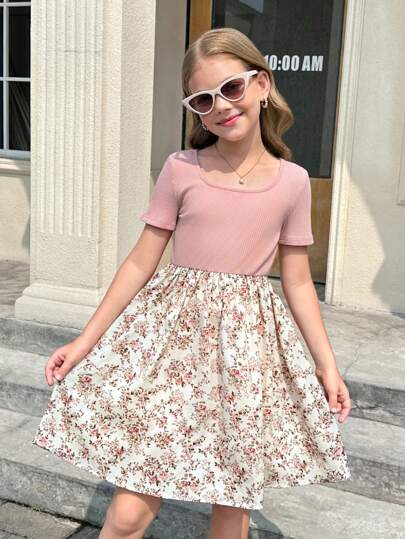 SHEIN Serisse Kids Tween Girl Casual Round Neck Short Sleeve Pink Ribbed Hem Ditsy Floral Patchwork Dress